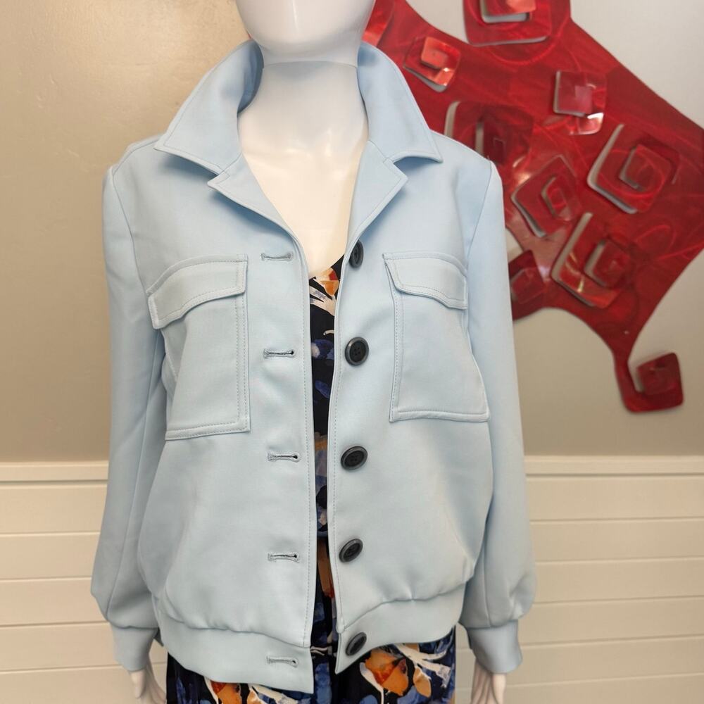 Chico’s Light Blue Utility Bomber Jacket Women’s Stretch Casual Size Small